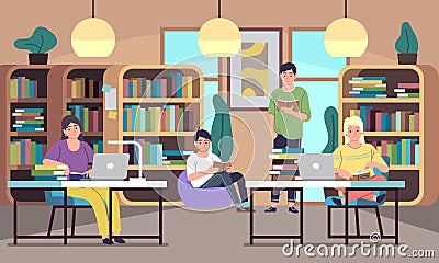 People in library. Young students, men and women read books, public library interior with bookshelves, desks and chairs Vector Illustration