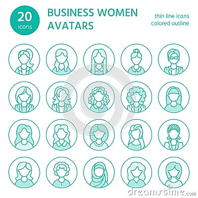 People line icons, business woman avatars. Outline symbols of female professions, secretary, manager, teacher, student Vector Illustration