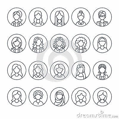 People line icons, business woman avatars. Outline symbols of female professions, secretary, manager, teacher, student Vector Illustration