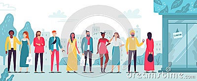 People in line at store. Waiting long lines, buyers standing outside shop and boutique entrance flat vector illustration Vector Illustration