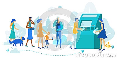 People in Line Withdraw Money at Cash Machine. Vector Illustration