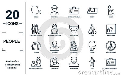 people linear icon set. includes thin line cough, man girl and dog, friends, mother and daughter, female journalist on tablet, Vector Illustration