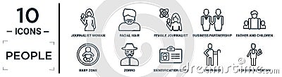 people linear icon set. includes thin line journalist woman talking about culture, female journalist talking about science news, Vector Illustration