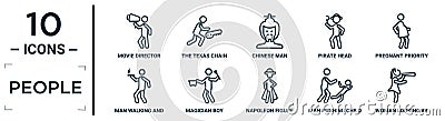 people linear icon set. includes thin line movie director, chinese man, pregnant priority, magician boy, man pushing child, woman Vector Illustration