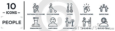 people linear icon set. includes thin line photographer working, earings, succes team, happy smile, man shaving, man with target, Vector Illustration