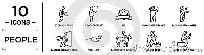 people linear icon set. includes thin line stomach ache, in, businessman with euro currency, push ups, garderner, man sitting and Vector Illustration