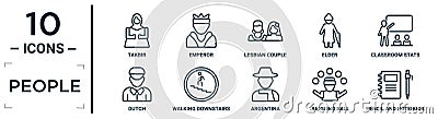 people linear icon set. includes thin line takbir, lesbian couple, classroom stats, walking downstairs, juggling ball, pencil and Vector Illustration