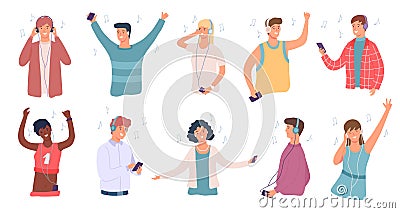 People listen music. Happy man and woman in headphone dancing. Student enjoying songs on phone. Teenage character Vector Illustration