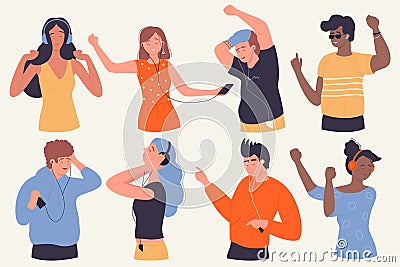 People listen music with headphones set, teenagers enjoying song with different actions Vector Illustration