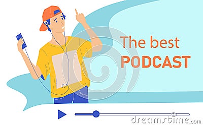 People listen to music. Happy teenager with phones and headset. Podcast streaming. Audiobook enjoying. Online technology Vector Illustration