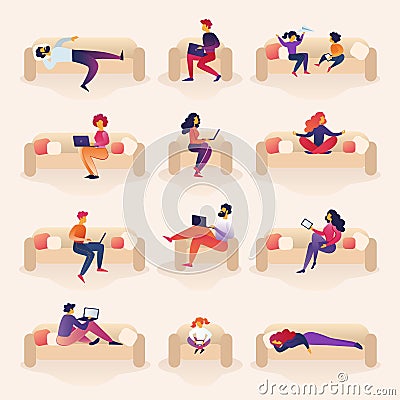 People Live and Work on Sofa Cartoon Illustration. Vector Illustration
