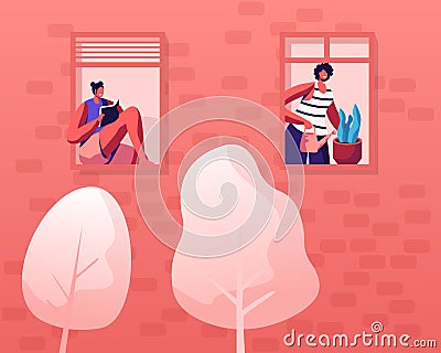 People Living Behaviour, Neighborhood Concept. Facade of Building with Windows, Girls Neighbors Hobby and Household Vector Illustration