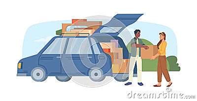 People load boxes in a minivan, moving relocation Vector Illustration