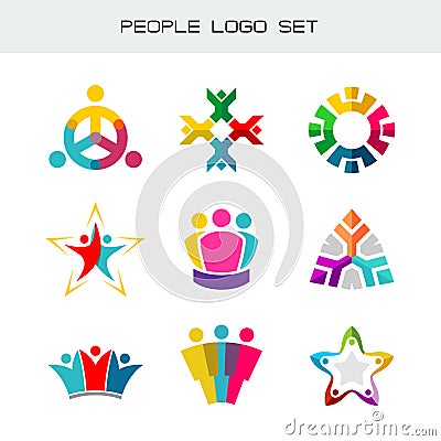 People logo set. Group of two, three, four or five people logos. Vector Illustration