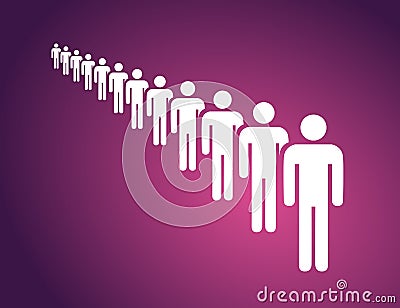 People in a long queue on the violet background Vector Illustration