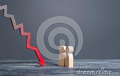 People look at the chart red arrow down. Failure and full defeat, falling profits and demand. Analytics, work on mistakes. Stock Photo