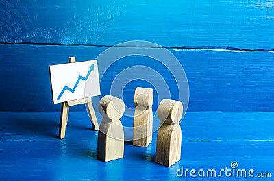 People look at easel with up arrow. Briefing surveillance. Statistics and data. Business development. Income growth rates, price Stock Photo