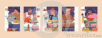 People Look Inside Of Fridge Set. Hungry Characters Check Food Groceries, Products And Nutrition, Vector Illustration Vector Illustration