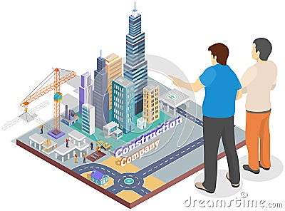 People look at layout of future modern city. Construction project management, architecture planning Vector Illustration