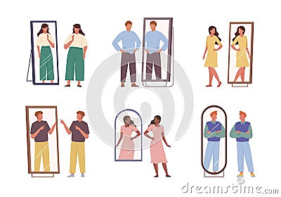 people look mirror. cartoon flat male and female characters looking at their fit and clothes style, self confident Vector Illustration