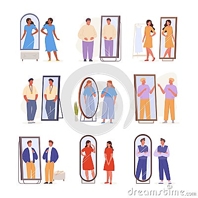 people look mirror. clothes style, self confident characters, cartoon flat male and female characters looking at their Stock Photo