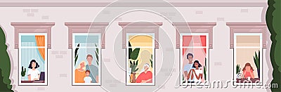 People look out of the windows of the house. Horizontal banner. The concept of social distance, isolation and quarantine Vector Illustration