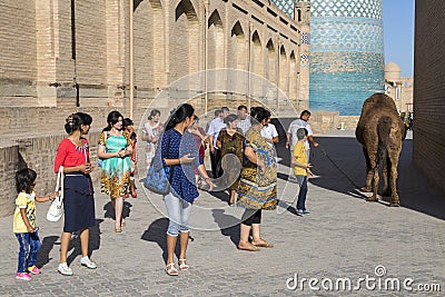 People looking at the camel in the city of Khiva in Uzbekistan. Editorial Stock Photo