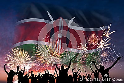 People are looking on fireworks and flag of Kenya Stock Photo