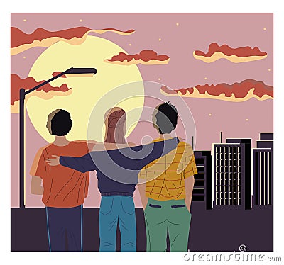 People looking forward. Friends admiring city landscape. Men and woman hug. Admiration of scenic sunset. Evening Vector Illustration