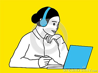 People looking at laptop screen, watching educational lecture seminar webinar online, studying remotely, writing notes. Vector Illustration