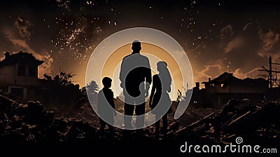 people looking at mushroom of nuclear explosion, atomic war and apocalypse concept, world in flame Stock Photo