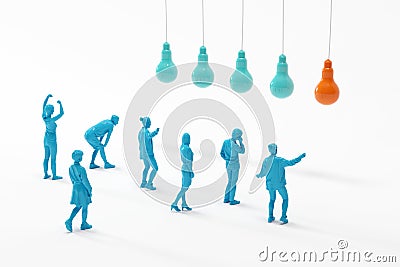 People looking at orange light bulb among green light bulbs on white background Stock Photo