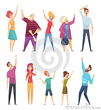 People looking up. Crowd watching and pointing in sky vector cartoon persons Vector Illustration