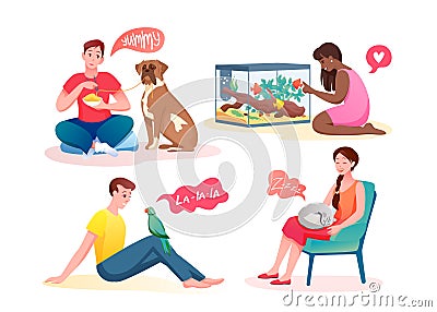 People love and communicate with own animal pet friend Vector Illustration