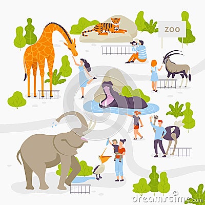 People love and look at wild animals in the zoo set of vector illustrations in flat design isolated on white background Vector Illustration