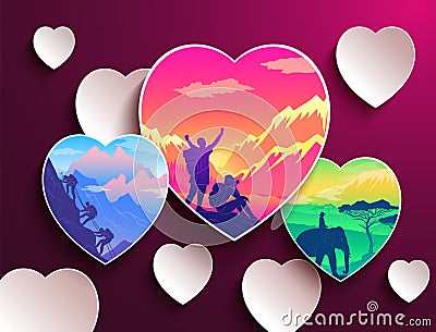 People love traveling, heart shapes with silhouettes of tourists, hiking, mountain, riding elephant Vector Illustration