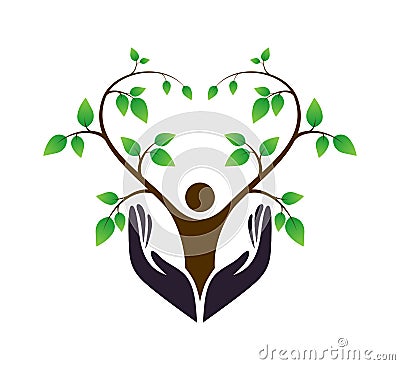 People love tree with roots in hand vector. Cartoon Illustration