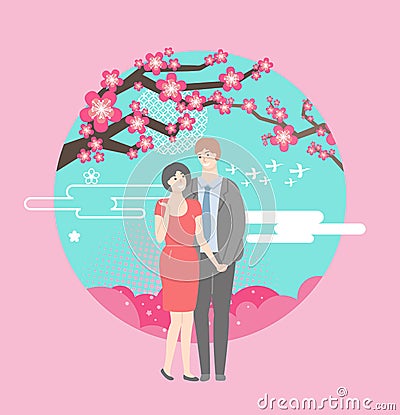 Romantic Couple Standing under Cherry Tree Blossom Vector Illustration