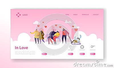 People in Love on Winter Season Landing Page. Valentines Day Banner with Flat Characters and Hearts. Website Template Vector Illustration