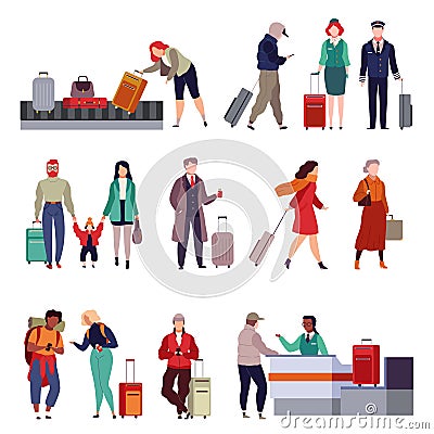 People with luggage. Travelling couple holding child and person together with suitcase, tourist and traveler isolated Vector Illustration