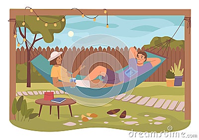 People lying in hammock on backyard Vector Illustration