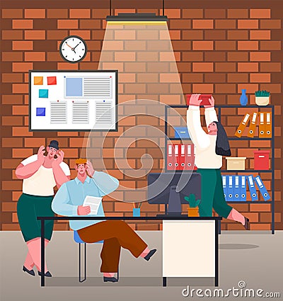 People made mistake in work, report, document, stressing woman taking archive box from shelves Vector Illustration