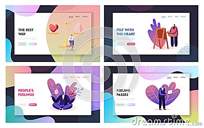 People Make Choice between Mind and Feelings Landing Page Template Set. Characters Search Balance in Love Vector Illustration