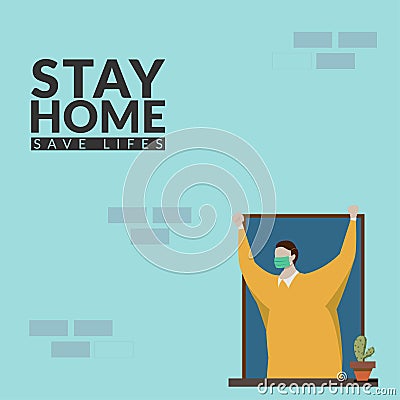 People make self isolation at home for stay home save lifes awareness social media campaign for coronavirus prevention Vector Illustration