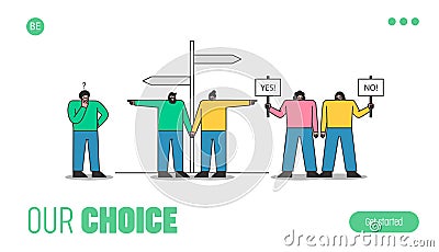 People making choices. Template landing page background with cartoons choosing way and thinking Vector Illustration