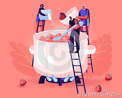 People Making Homemade Strawberry Jam or Marmalade. Tiny Male and Female Characters Stand on Ladders at Huge Pan Vector Illustration