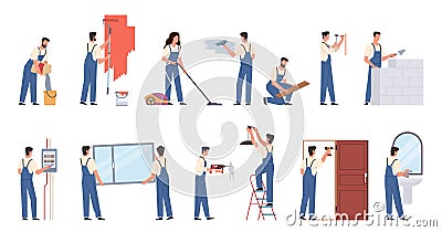 People making renovation. Workers in overalls, men and women carry out repair work, interior wall painting, installing Vector Illustration