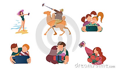 People making selfie on smartphones in different situations vector illustration Vector Illustration
