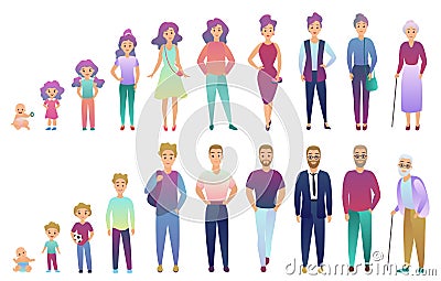 People male and female aging process. From baby to elderly person growing set. Trendy fradient color style vector Vector Illustration