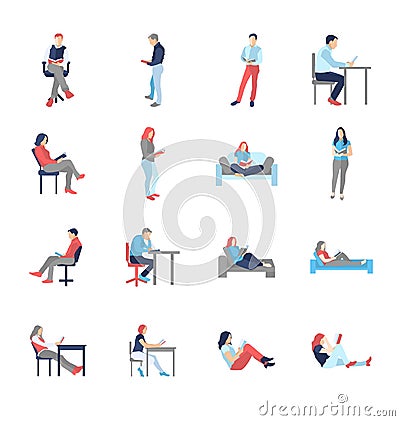 People, male, female, in different casual common reading poses Vector Illustration